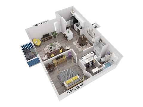 Floor plan for 1 bed, 1 bath, 605 sqft